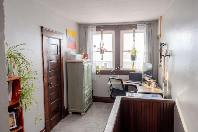 office area featuring light colored carpet