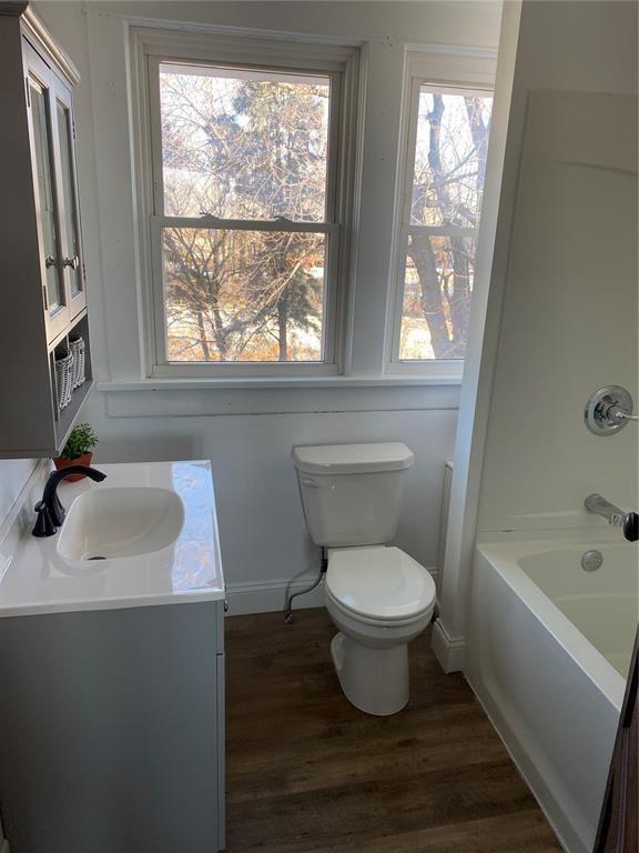 bathroom with baseboards, toilet, wood finished floors, and vanity