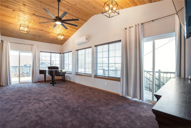 interior space featuring high vaulted ceiling, ceiling fan with notable chandelier, a wall unit AC, and wooden ceiling