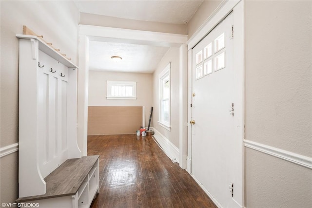 mudroom with dark wood-type flooring