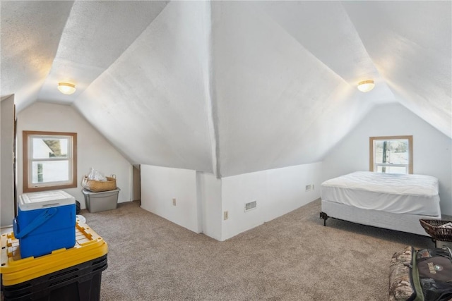 bedroom featuring carpet floors, vaulted ceiling, and a textured ceiling