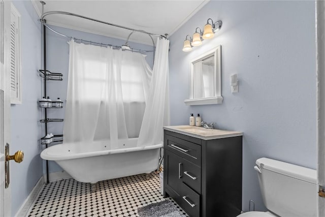 full bathroom with vanity, toilet, crown molding, shower / bathtub combination with curtain, and tile patterned floors