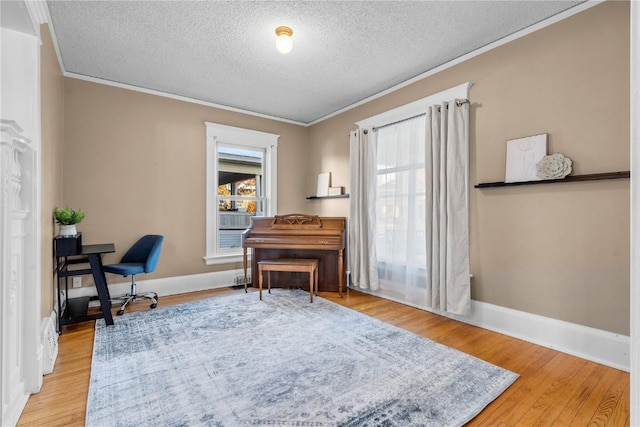 office space featuring crown molding, hardwood / wood-style flooring, and a textured ceiling