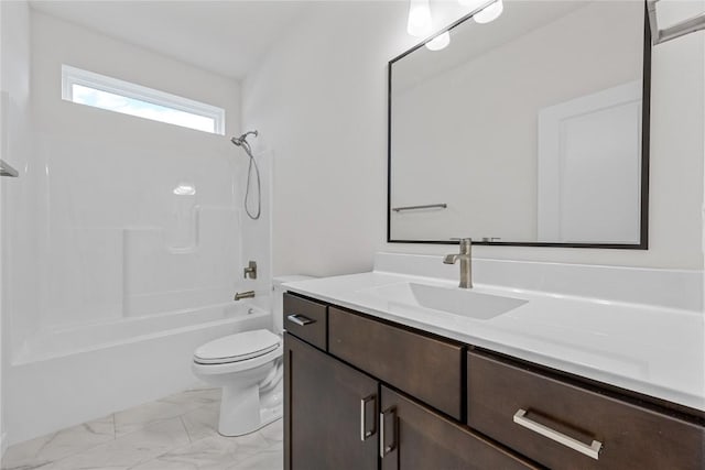 full bathroom with vanity, bathtub / shower combination, and toilet