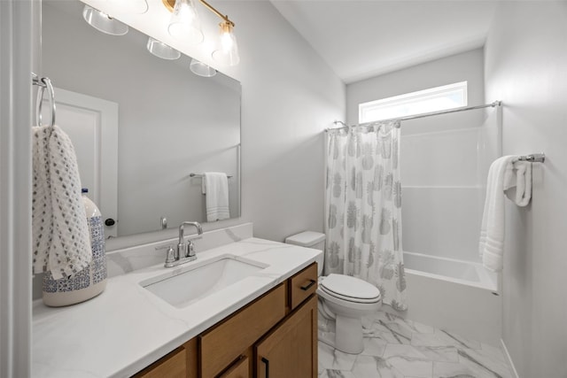 8908 Norway Dr NE, Cedar Rapids, IA 52402 - full bathroom featuring vanity, shower / tub combo with curtain, toilet, and marble look tiles