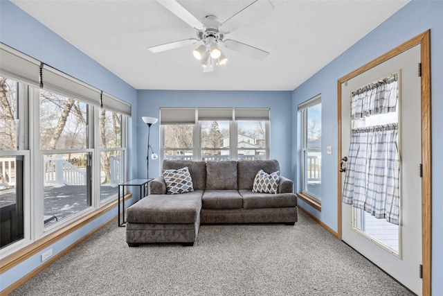 living room featuring ceiling fan and carpet flooring