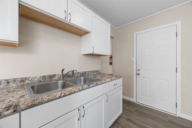 kitchen with white cabinetry, sink, dark hardwood / wood-style flooring, and ornamental molding