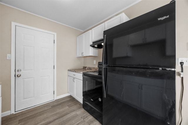 kitchen with wood-type flooring, ornamental molding, white cabinets, and black appliances