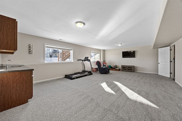 workout room with sink and carpet flooring