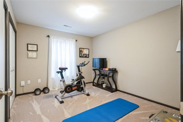 exercise area featuring light colored carpet