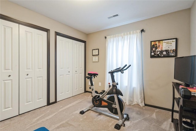 exercise room featuring light carpet