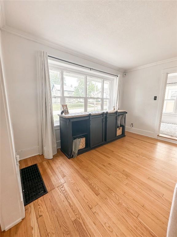 living room featuring ornamental molding and light hardwood / wood-style flooring