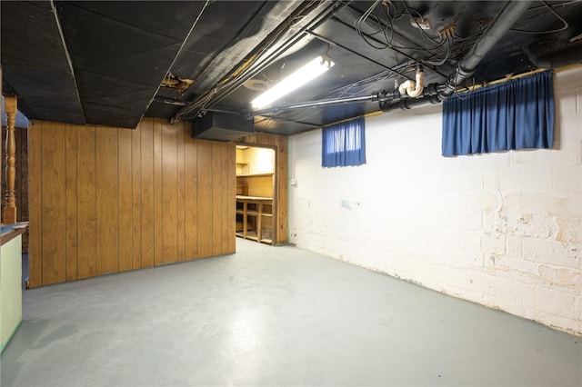 basement featuring wooden walls