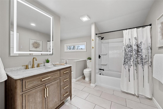 full bathroom with shower / bath combination with curtain, tile patterned floors, toilet, and vanity