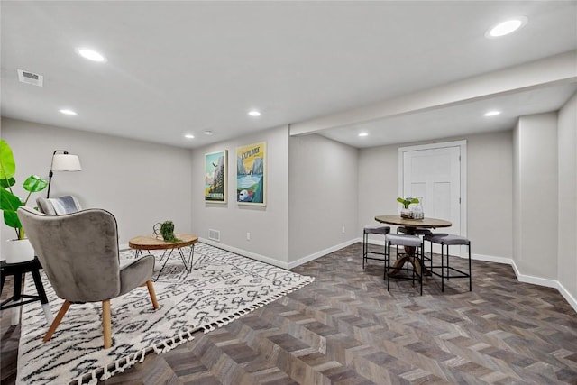 interior space featuring dark parquet flooring