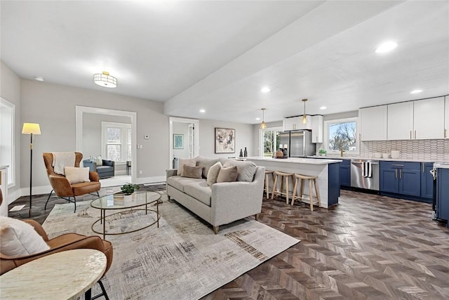 living room with dark parquet flooring