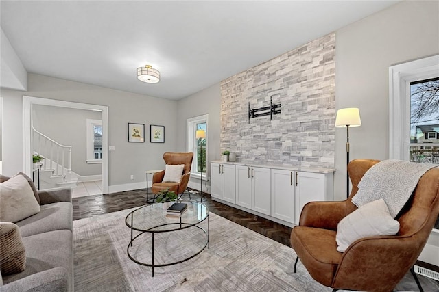 living room with dark parquet flooring