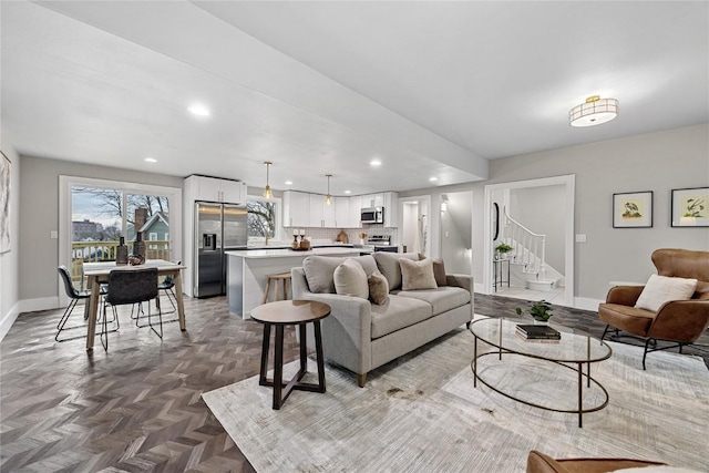 living room with parquet flooring