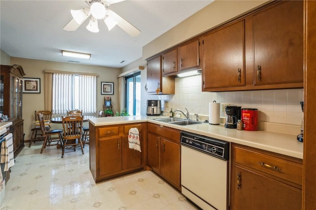 kitchen featuring sink, dishwasher, kitchen peninsula, ceiling fan, and backsplash