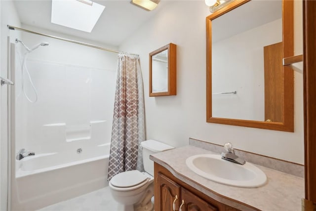 full bathroom with shower / bath combo, toilet, vanity, and a skylight