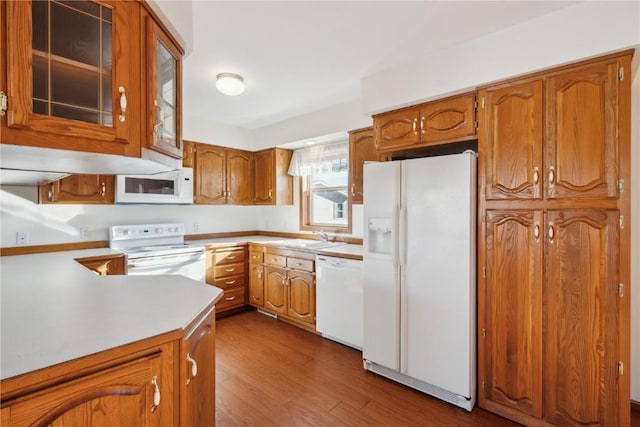 kitchen with sink, white appliances, and dark hardwood / wood-style floors