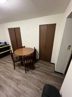 dining room with hardwood / wood-style flooring and a textured ceiling