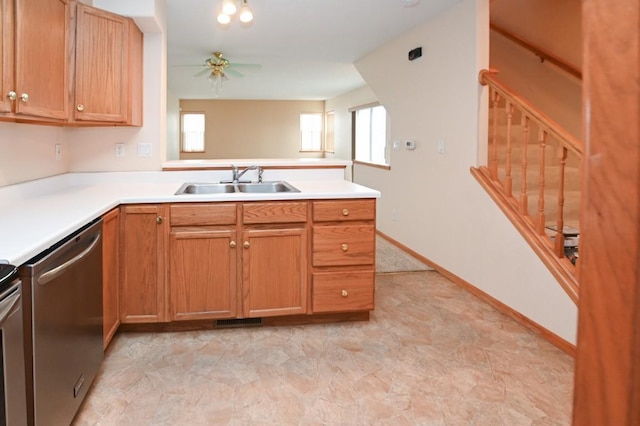 kitchen featuring sink, stainless steel dishwasher, and ceiling fan