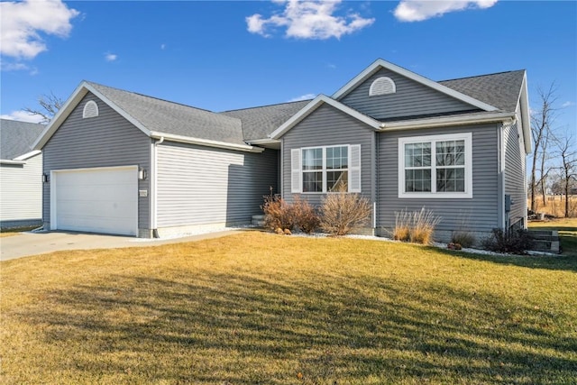 single story home with a garage and a front yard