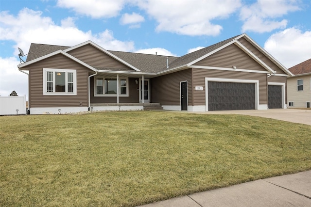 ranch-style house with a garage, covered porch, and a front lawn