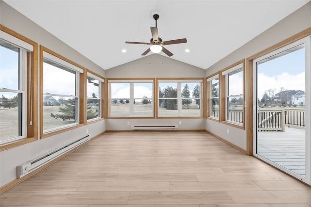 unfurnished sunroom with ceiling fan, a baseboard radiator, and vaulted ceiling