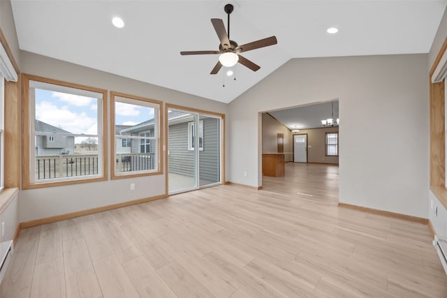 unfurnished living room featuring lofted ceiling, ceiling fan with notable chandelier, a baseboard radiator, and light hardwood / wood-style floors