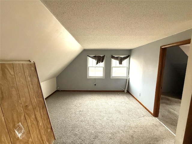 additional living space featuring lofted ceiling, carpet floors, and a textured ceiling