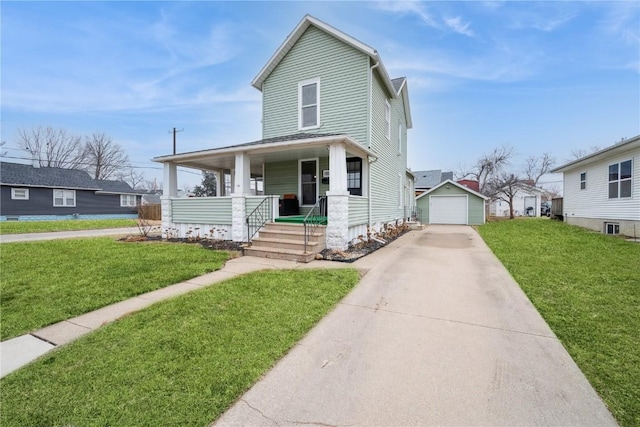 view of front of property with a garage, an outdoor structure, a porch, and a front yard