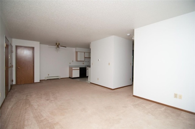 unfurnished living room with light carpet, a baseboard radiator, ceiling fan, and a textured ceiling