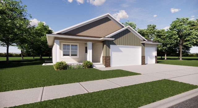 view of front of home with a garage, a front lawn, and a porch