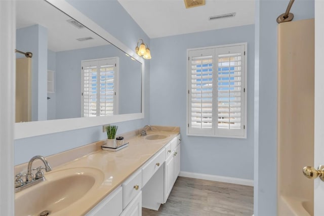 bathroom with hardwood / wood-style flooring, plenty of natural light, and vanity