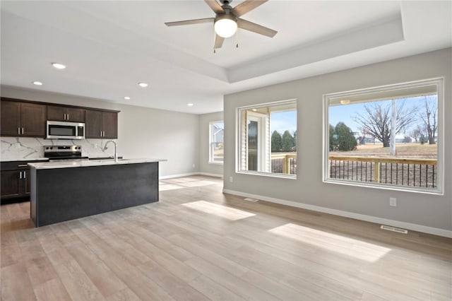 kitchen featuring backsplash, a tray ceiling, a wealth of natural light, and appliances with stainless steel finishes