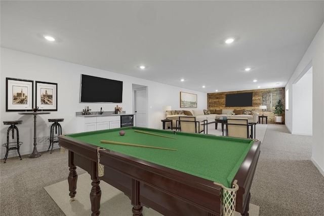 game room featuring bar, wine cooler, light carpet, and pool table