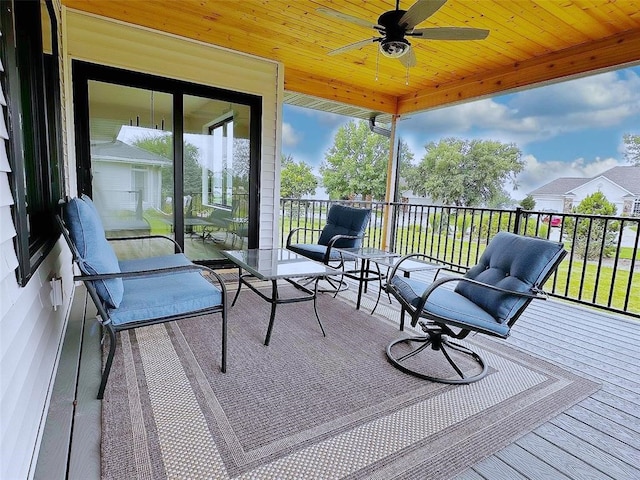 sunroom / solarium featuring wood ceiling, ceiling fan, and plenty of natural light