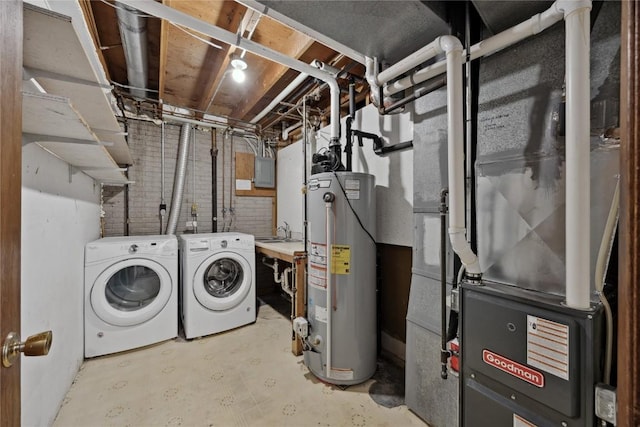 laundry area with sink, washing machine and dryer, and water heater