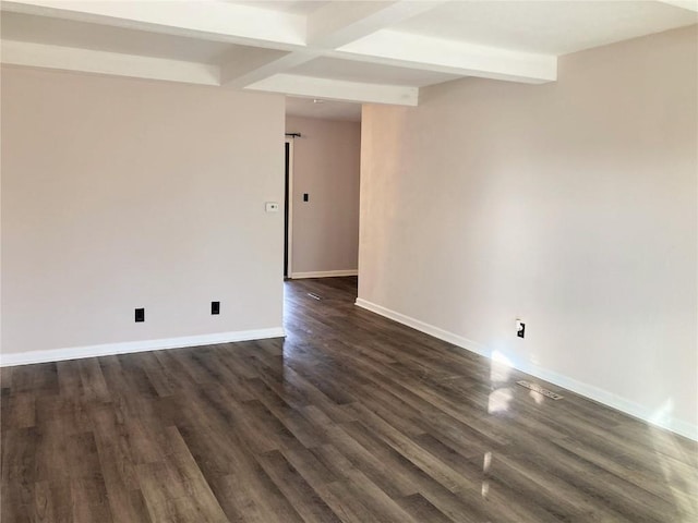 spare room with beamed ceiling and dark hardwood / wood-style floors