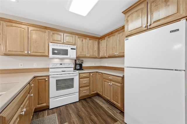 kitchen featuring white appliances and dark hardwood / wood-style flooring