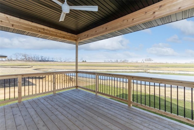 deck featuring a water view and ceiling fan