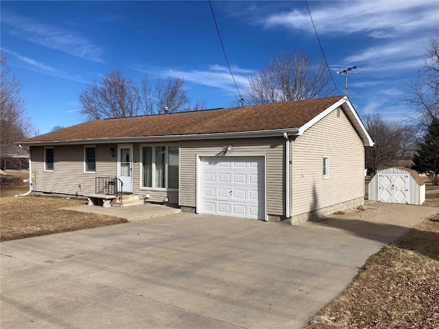 ranch-style house featuring a storage unit and a garage