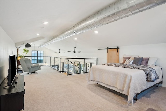 carpeted bedroom with vaulted ceiling with beams