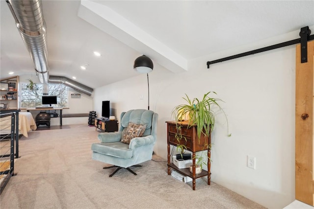 living area featuring light colored carpet, a barn door, and lofted ceiling with beams