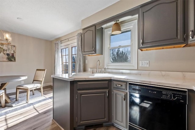 kitchen featuring sink, hardwood / wood-style flooring, dishwasher, gray cabinetry, and a textured ceiling