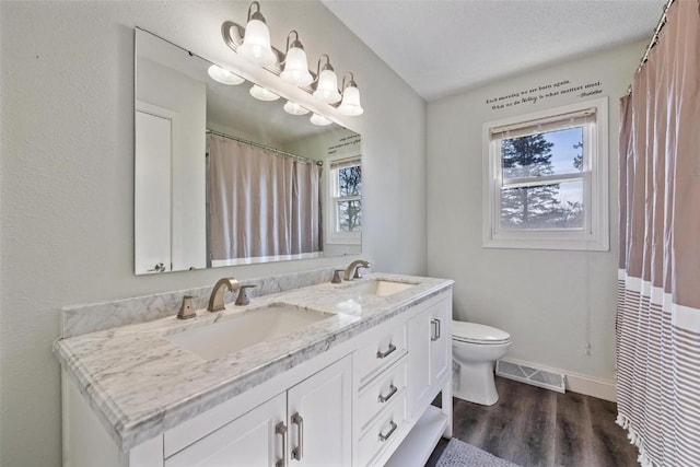 bathroom featuring vanity, hardwood / wood-style floors, and toilet