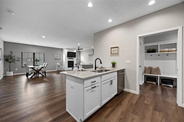 kitchen with sink, stainless steel dishwasher, dark hardwood / wood-style flooring, a fireplace, and white cabinets