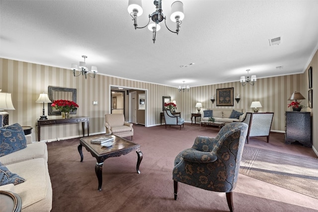 living room featuring carpet flooring, a textured ceiling, and a notable chandelier